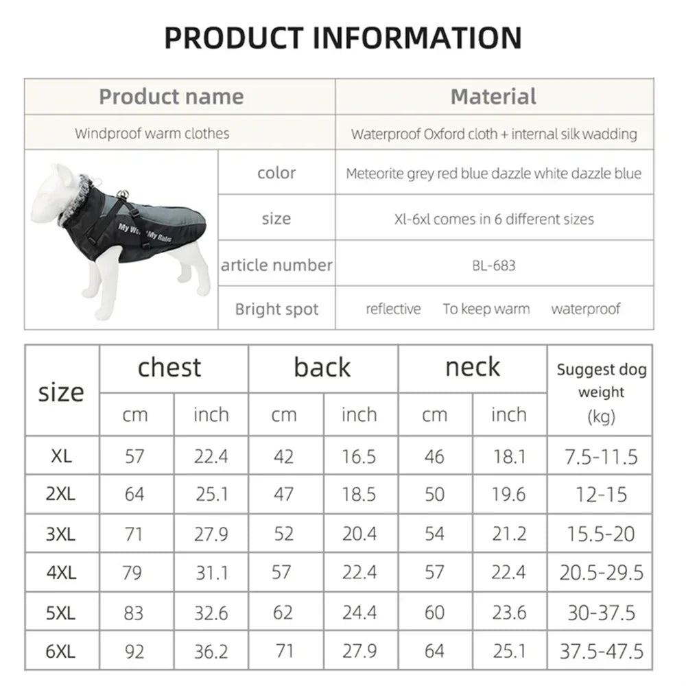 Waterproof Winter Vest for Large Dogs - Fur Collar